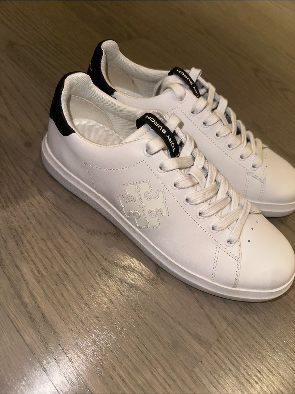 Tory Burch White Leather Sneakers with Black Heel Accent